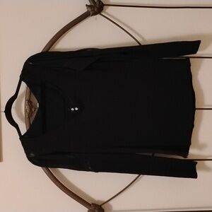 Free People Long Puff Sleeve Lace Henley 2-button Front Tee Black Size L NWT